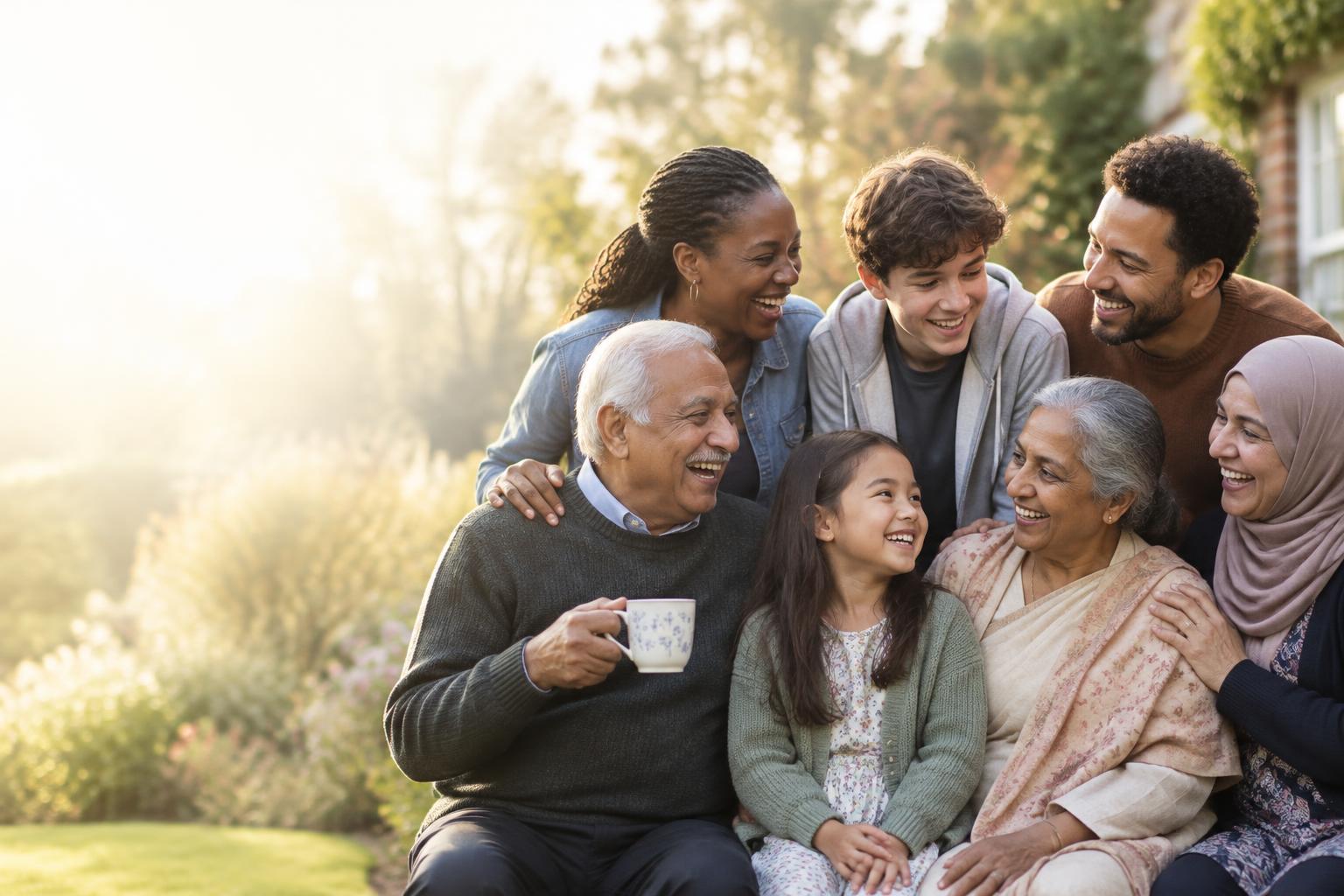 People of different generations laughing together in warm afternoon light